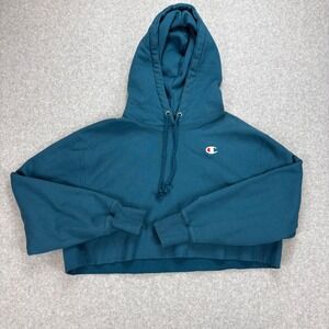 Champion Cropped Hoodie Womens L Teal Blue Reverse Weave 90's Retro Streetwear